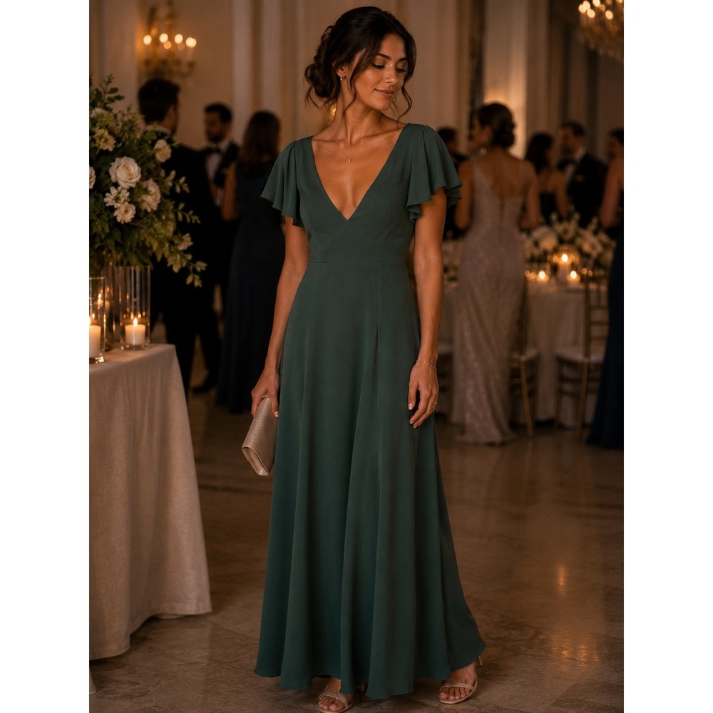 Birdy Grey Flutter Sleeve V-Neck Maxi Dress Sage Green Crepe Medium
